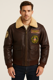 Bomber Mustang - Veste Aviateur en Cuir Marron Col Mouton